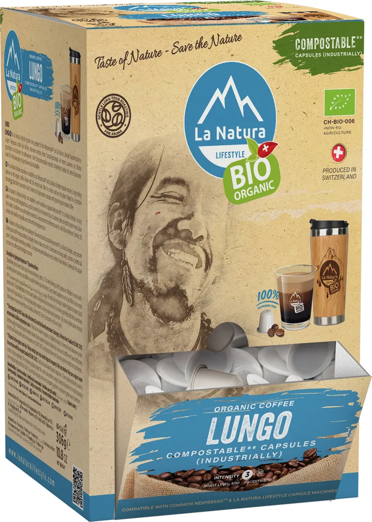 Lungo Coffee Super BOX 100 Coffee Capsules | La Natura Lifestyle Organic 510g | Bio-based | Nespresso®*³ compatible
