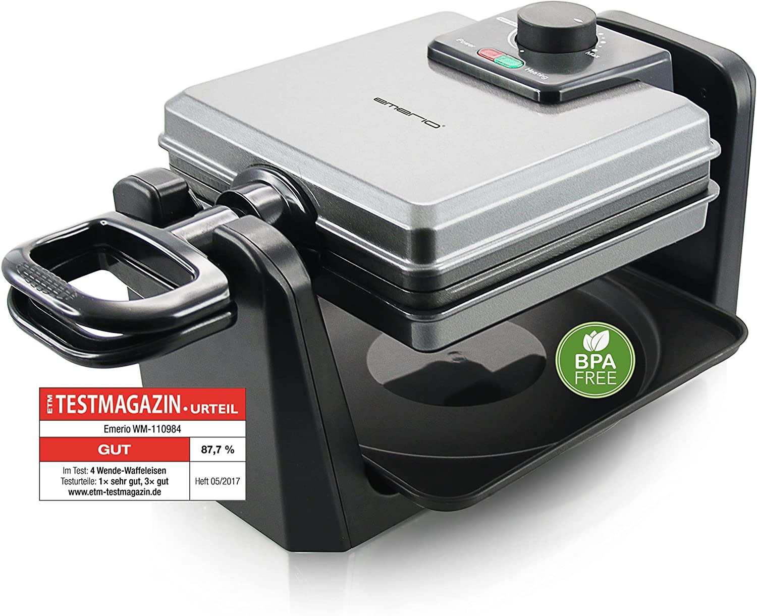 Emerio Rotating waffle iron for 4 Belgian waffles at the same time, with professional rotating function, non-stick plates, temperature control, 1000 watts, \"good\" tested, silver, WM-110984.4