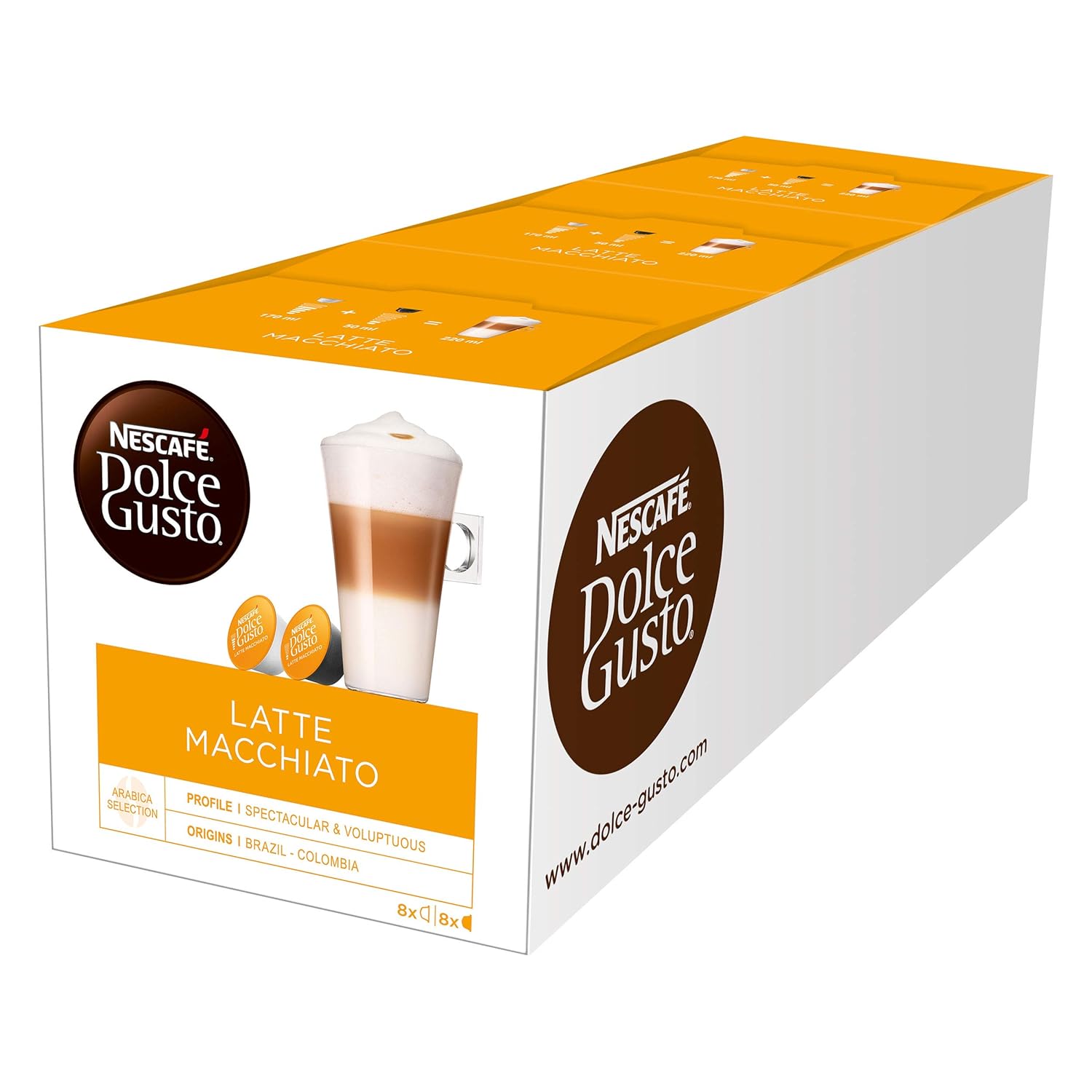 NESCAFÉ Dolce Gusto Latte Macchiato | 48 coffee capsules | Aromatic Espresso | 3-layer delicacy made of fine milk foam | Aroma-sealed capsules | 3 packs (3 x 16 capsules)