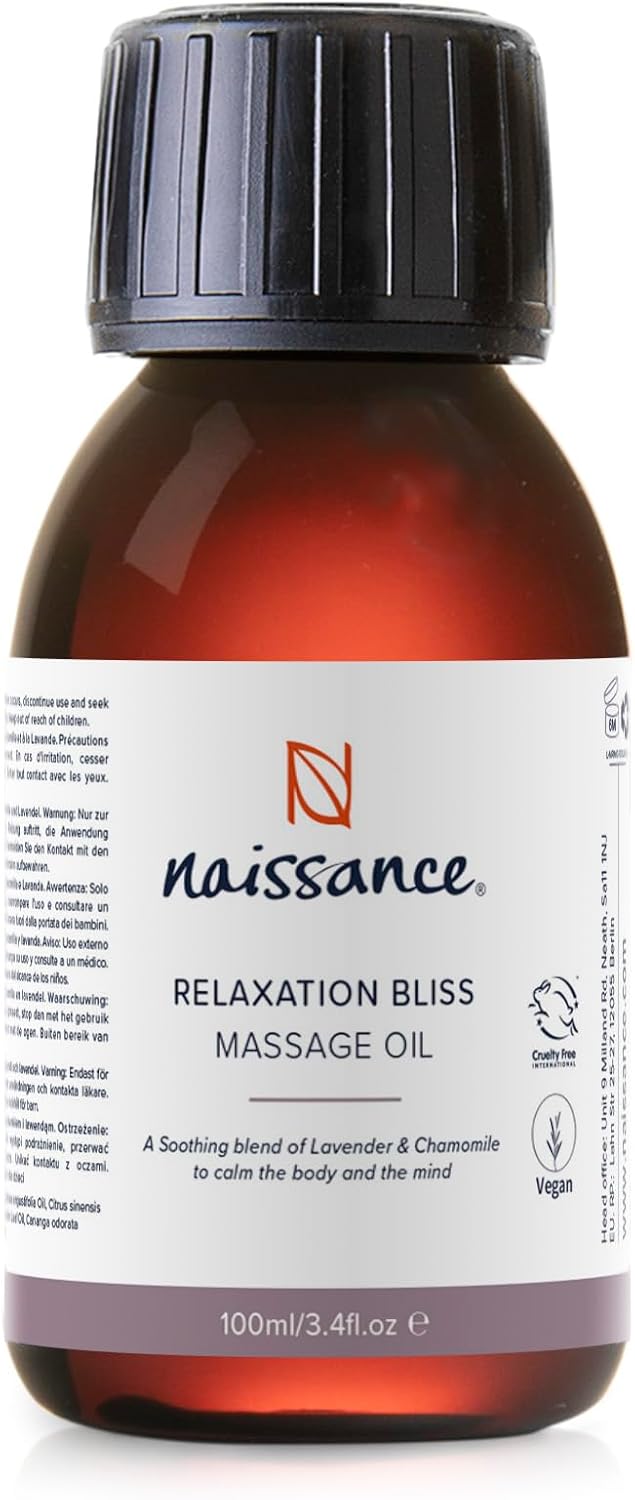 Naissance \'No Knead To Stress\' Relaxing Massage Oil 100ml - 100% Natural Blend of Grapeseed Oil with Lavender, Ylang Ylang, Orange, Cedarwood, Patchouli and Roman Chamomile Essential Oils