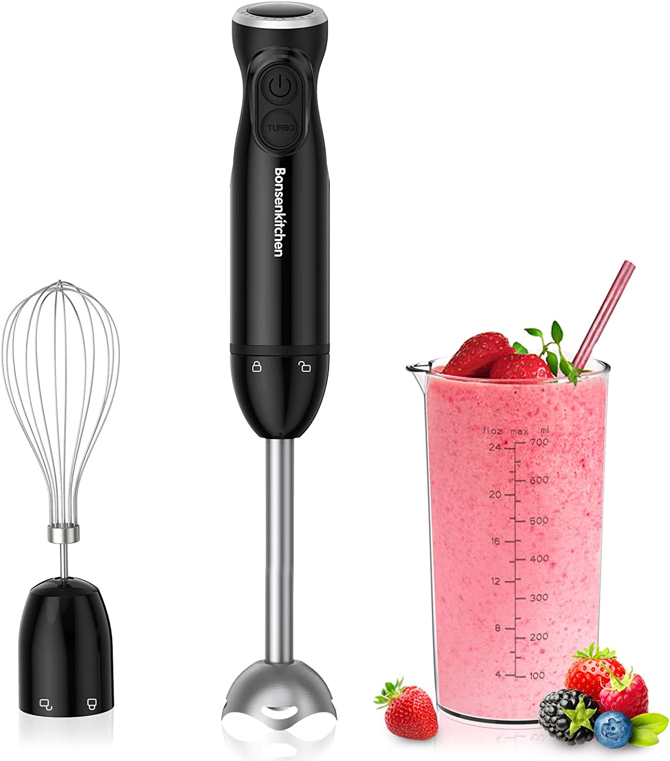 Bonsenkitchen 3 in 1 Electric Hand Blender, 1000 W Purée Stick with Chopper/Whisk/Measuring Cup, Stepless Speed Control, Hand Mixer for Milkshake, Puree, Sauce, HB3202 (Black)