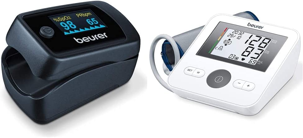 Beurer PO 45 Pulse Oximeter, Measures Oxygen Saturation (SpO2), Heart Rate (Pulse) and Perfusions Index (PI), Painless Use & BM 27 Upper Arm Blood Pressure Monitor with Cuff Seat Control