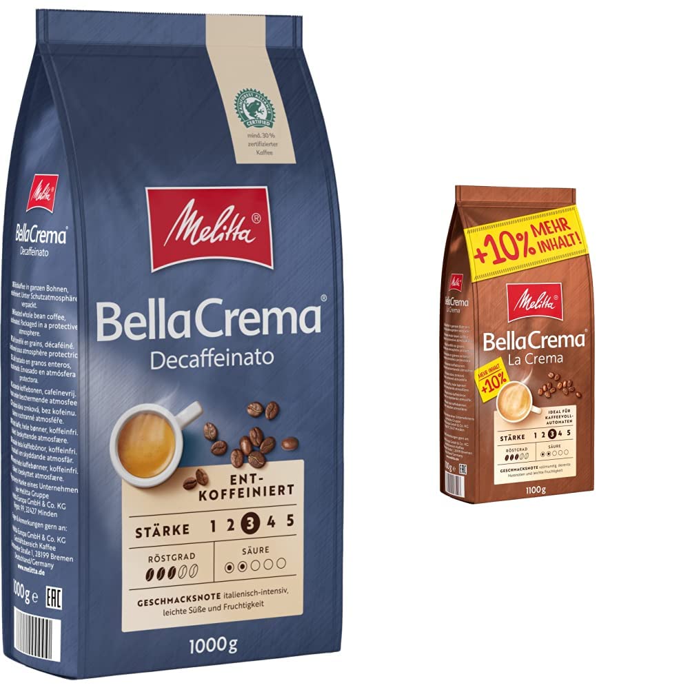 Melitta BellaCrema Decaffeinato Ganze Kaffee-Bohnen entkoffeiniert 1kg & BellaCrema La Crema Ganze Kaffee-Bohnen 1, 1kg