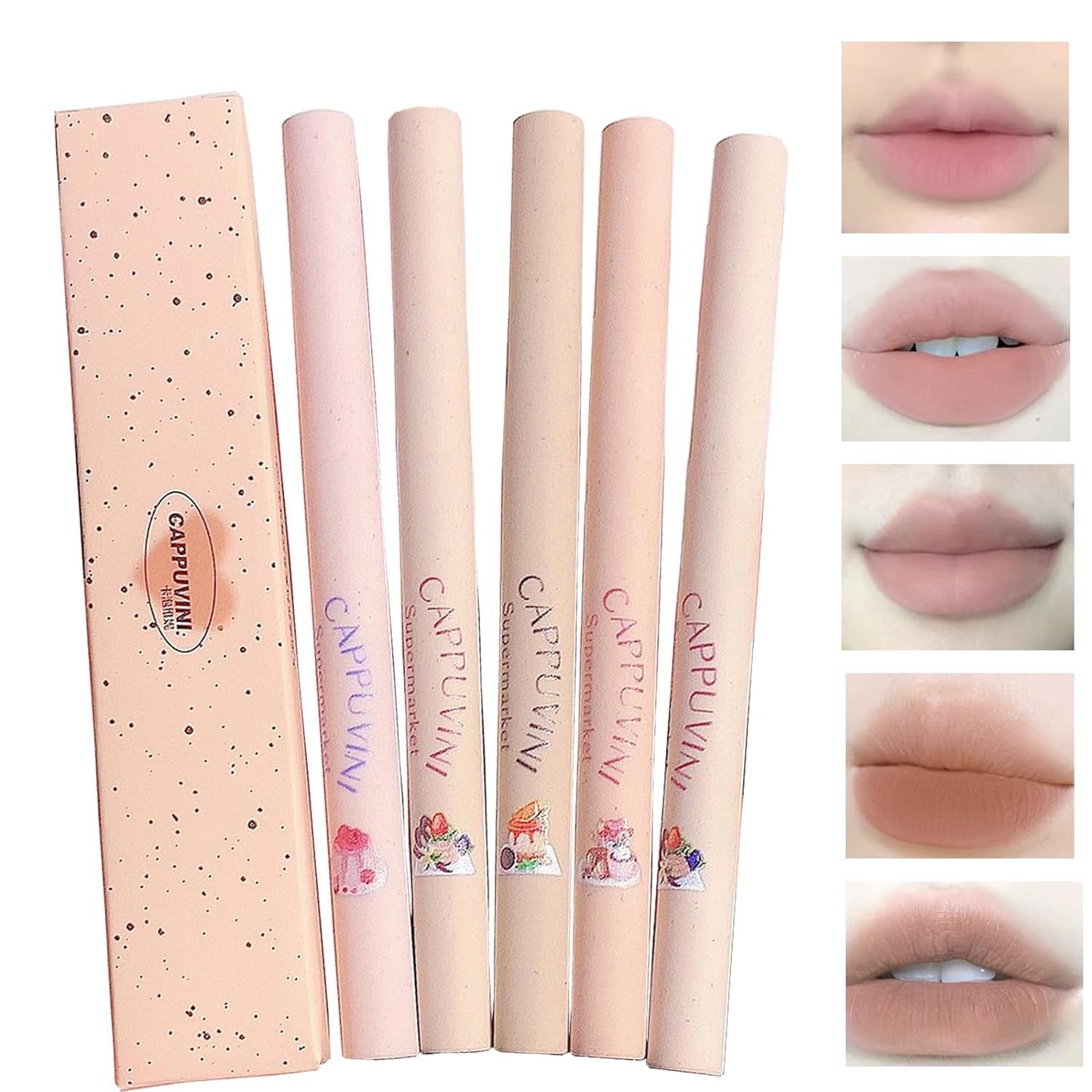 Domality 5 Colours Lip Liner Pen Set, 5 Pieces Nude Pink Lipstick Set, Durable Waterproof Creamy Lipstick with Matte Finish for Defines Perfect Lip Shape