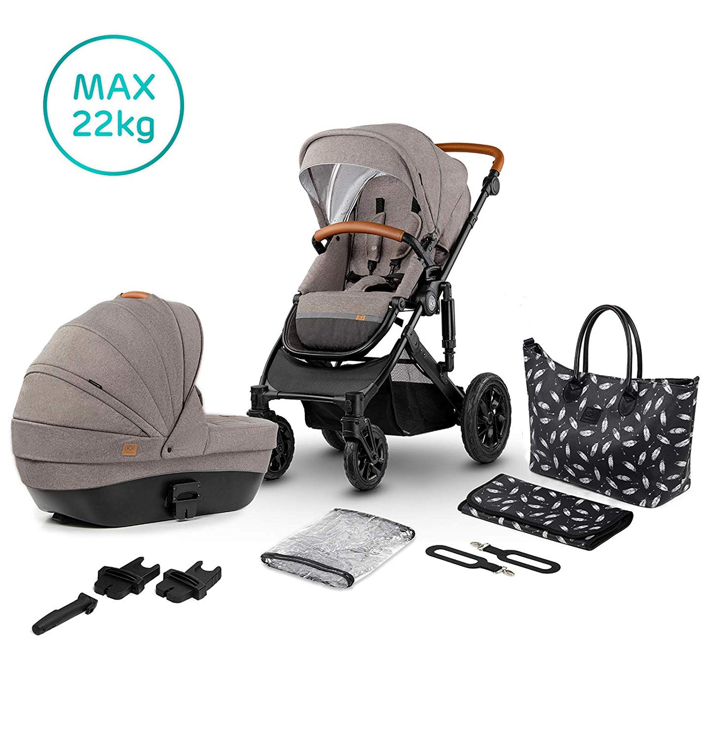 Kinderkraft Pram 2-in-1 Prime 2020 Pram Set Combination Pushchair Sports Pram Buggy and Carry Cot Large Wheels Pneumatic Tyres Comfortable Buggy Seat with Reclining Position Accessories, Beige