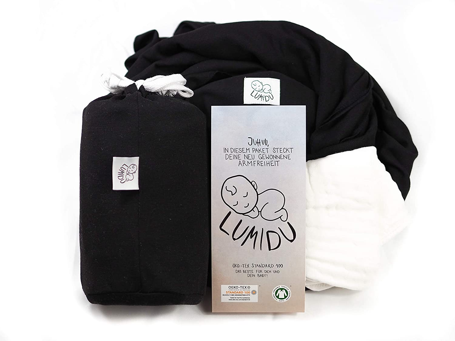 Lumidu Baby sling from birth, Oeko-Tex 100 / GOTS certified, elastic, cuddly, includes burp cloth in 4 modern colours (black).