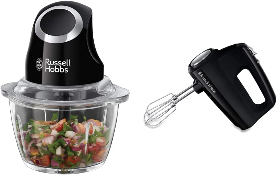 Russell Hobbs 24672-56 Mini Chopper Matte Black (500 ml Glass Container Including Lid) & Meat 24662-56 & Hand Mixer Matt Black (5 Speed Levels Plus Turbo Function) Hand Stirrer