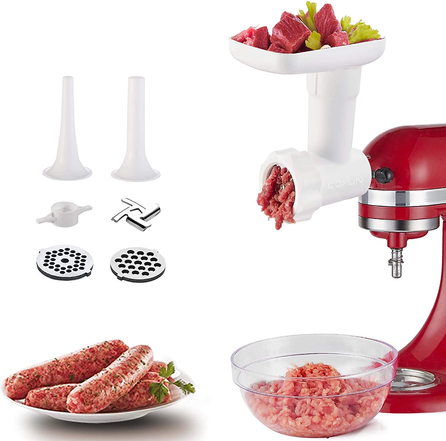 COFUN Meat Grinder Attachment for KitchenAid Food Processors, Meat Grinder for KitchenAid Accessories with Grinding Disc Sausage Filler Horns, Optional Accessories for KitchenAid Stand Mixer