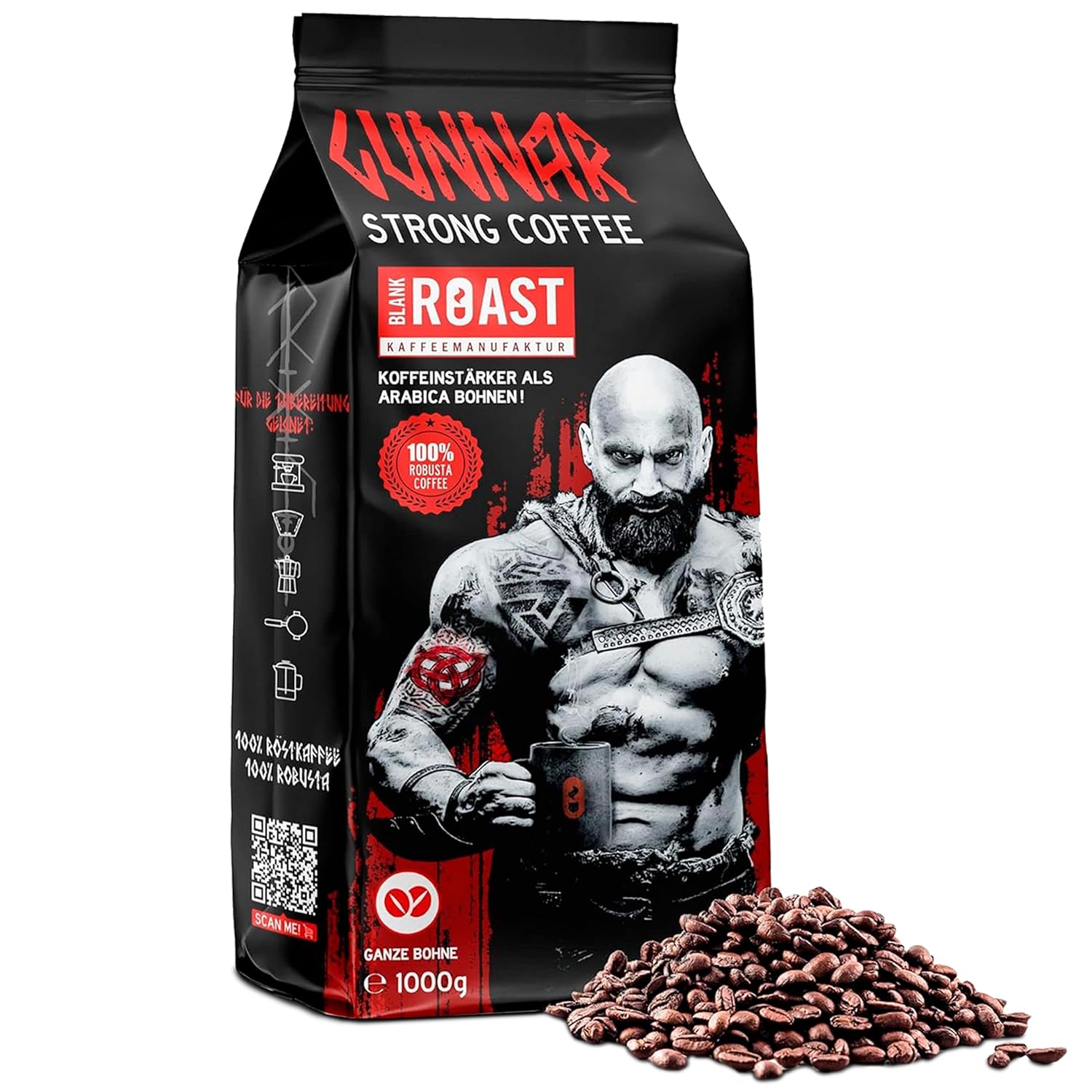 Blank Roast - Gunnar - 1 kg - Whole Coffee Beans Extra Strong - Gentle Robusta Roasting - 494 mg Caffeine per Cup - Spicy & Powerful with Notes of Dark Chocolate - Low Acid