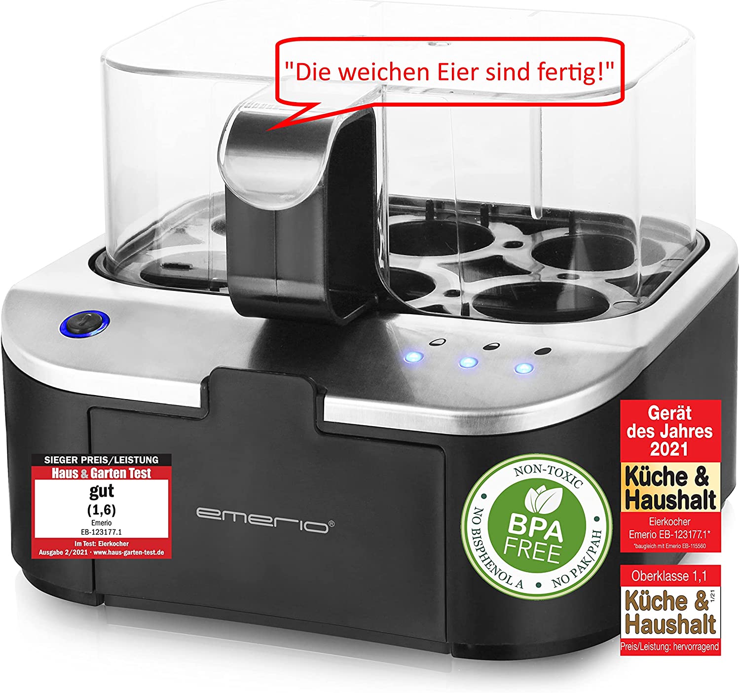 Emerio EB-115560.2, cooks all three cooking levels [soft / medium / hard] in just one cooking process with perfect results technology and design