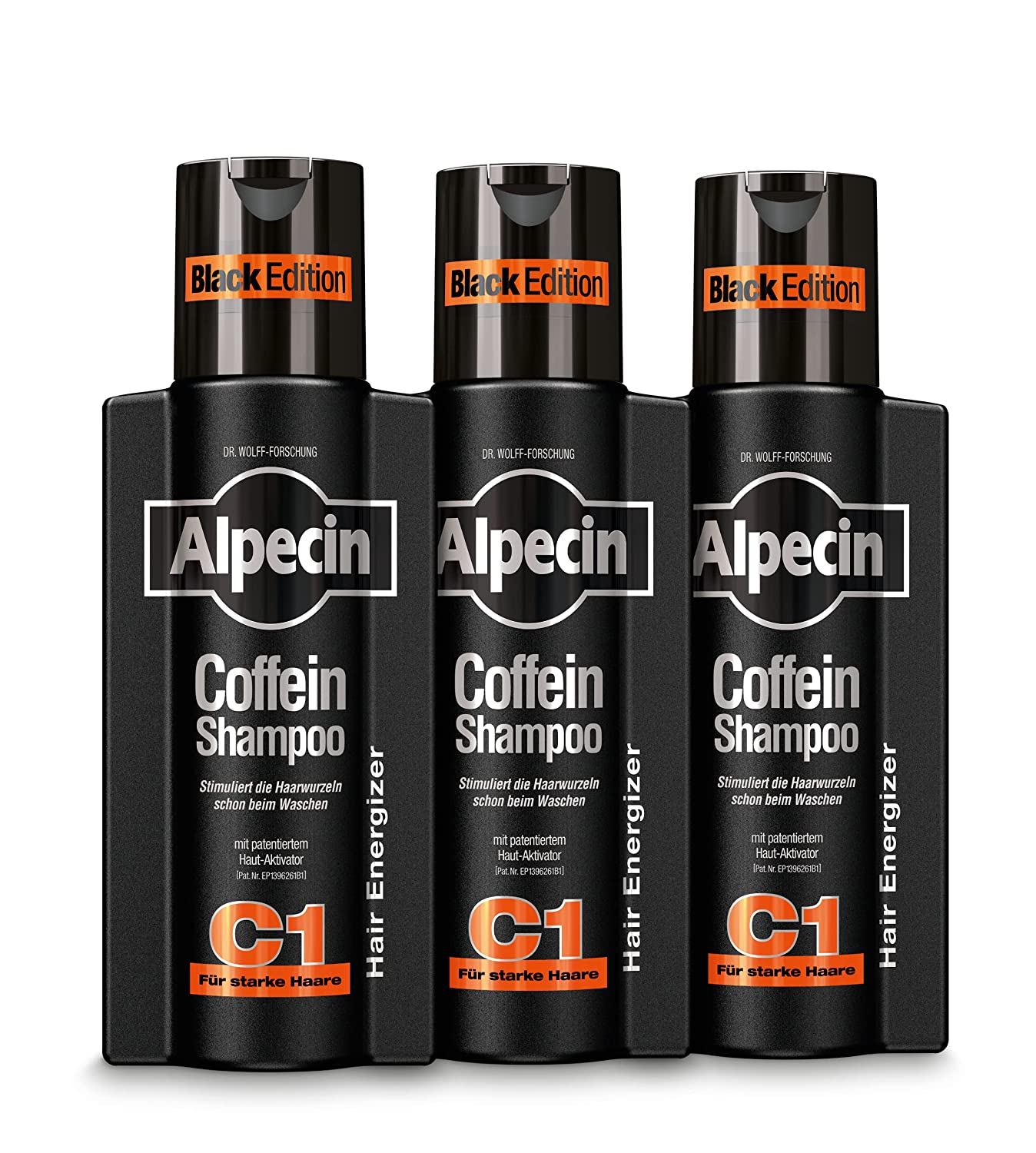 Alpecin Caffeine Shampoo C1 Black Edition - 3 x 250 ml - with New Fragrance | Natural Hair Growth for Men | Energy for Strong Hair | Hair Care for Men - Made in Germany