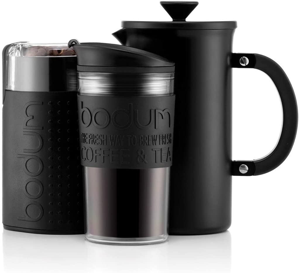 Bodum - Coffee set - Cafetiere coffee maker (1 litre/8 cups) made of stainless steel, double-walled travel mug and electric coffee grinder.