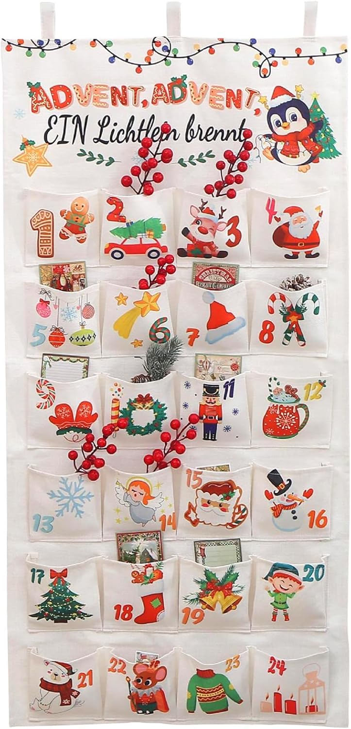 Asyinxson Advent Calendar for Filling, Advent Calendar Tapestry XL, Advent Calendar for Filling Children, Advent Calendar for Filling Fabric, Christmas Advent Calendar for Hanging, with 24 Pockets