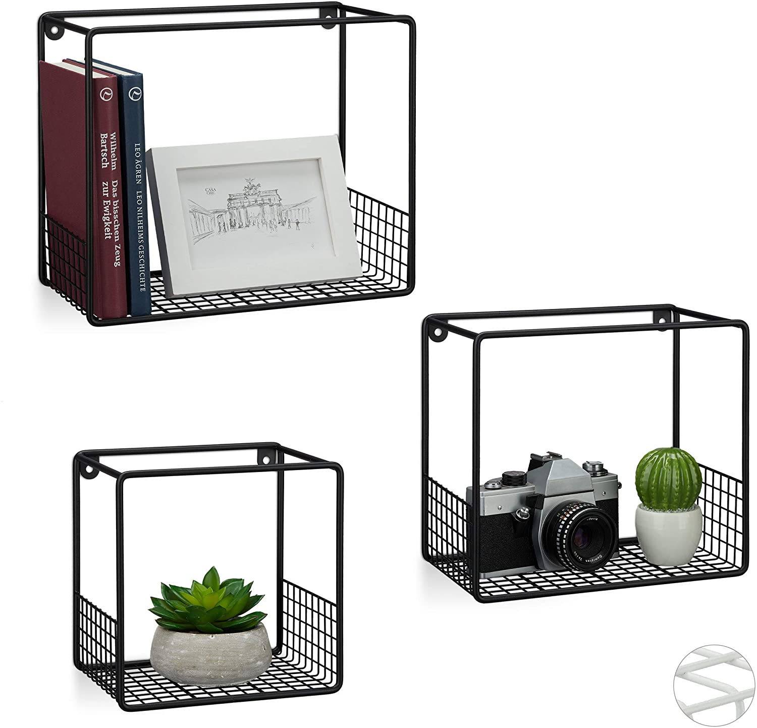 Relaxdays Set Of 3 Modern Grid Design Square Wall Shelf Metal 15 Cm Deep Ch