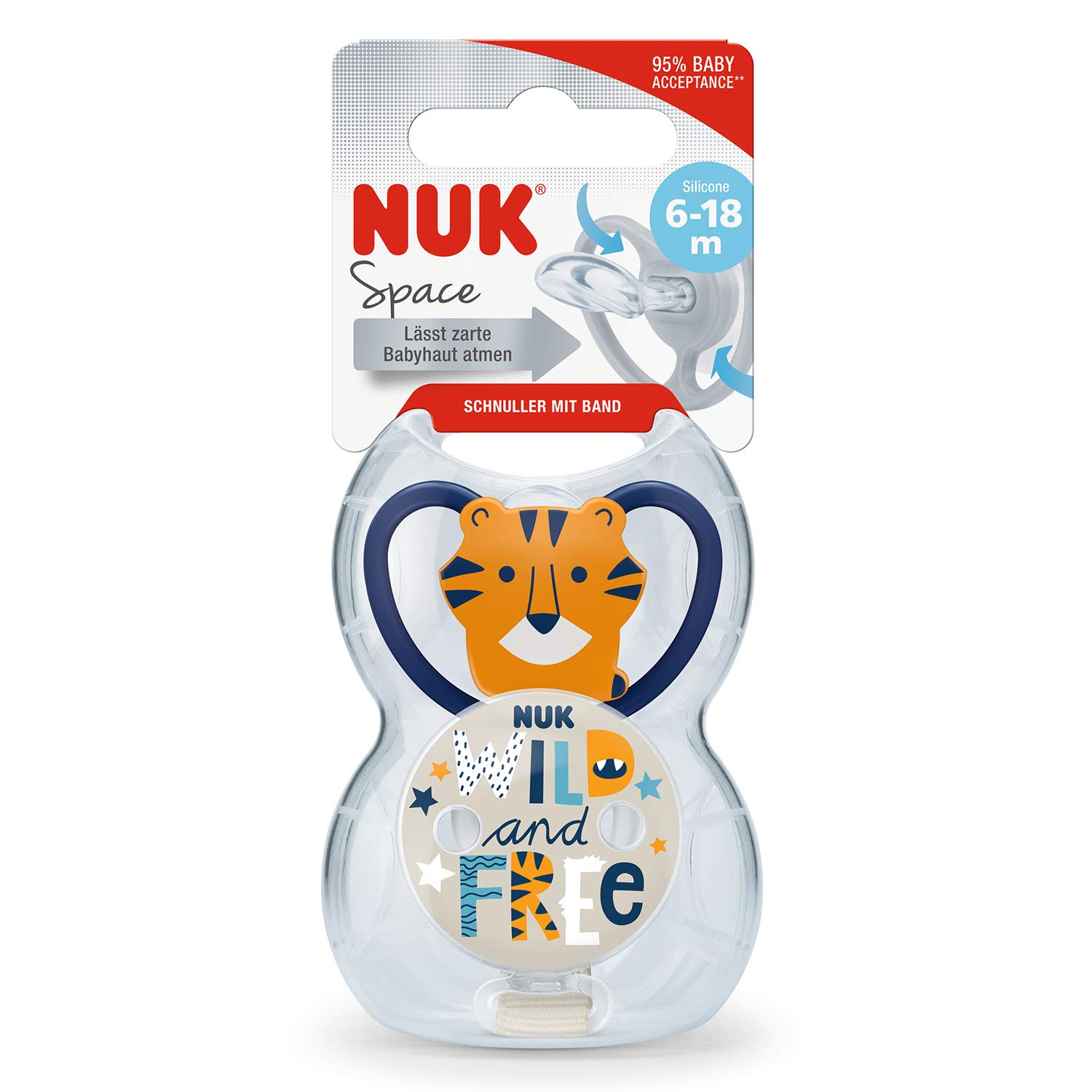 NUK 10176234 Space Set 1x Space Dummy Holder Orthodontic Shape for 6-18 Months Tiger Blue