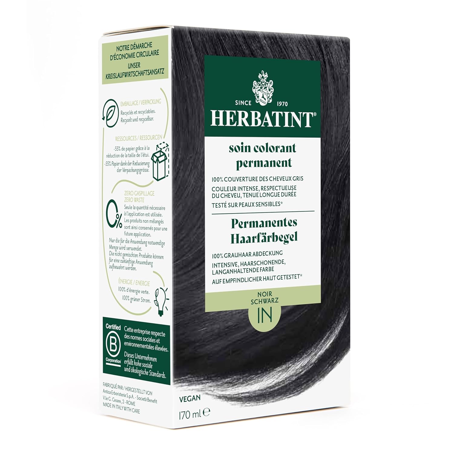 Herbatint Permanent Hair Dye Gel 1N Black - 170 ml I No Ammonia, 100% Gray Hair Coverage I Tested for Sensitive Skin with 8 Plant Extracts