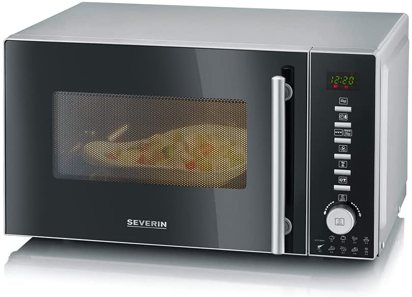 SEVERIN MW 7865 3-in-1 Microwave with Grill and Hot Air Function Including Turntable (Diameter 24.5 cm) and 2 Cooking Grates, 800 W, Silver/Black