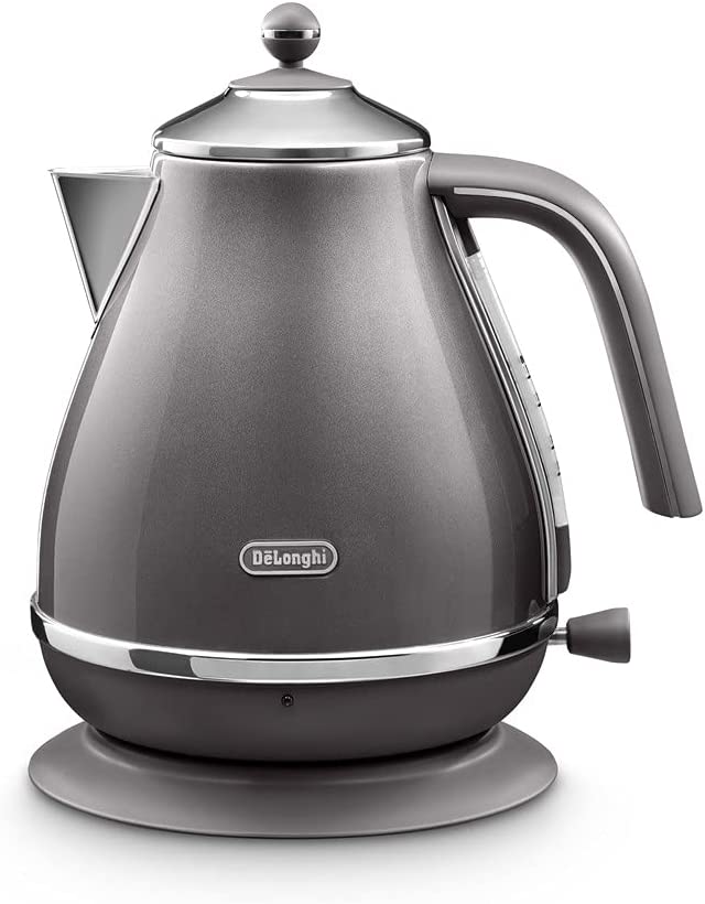 DeLonghi De\'Longhi Icona Vintage KBOT2001.GY Kettle 1.7 L with Water Level Indicator and 360° Base, Stainless Steel in Elegant Retro Look with Chrome Details, 2000 W, Grey, Icona Vintage Kettle, Grey