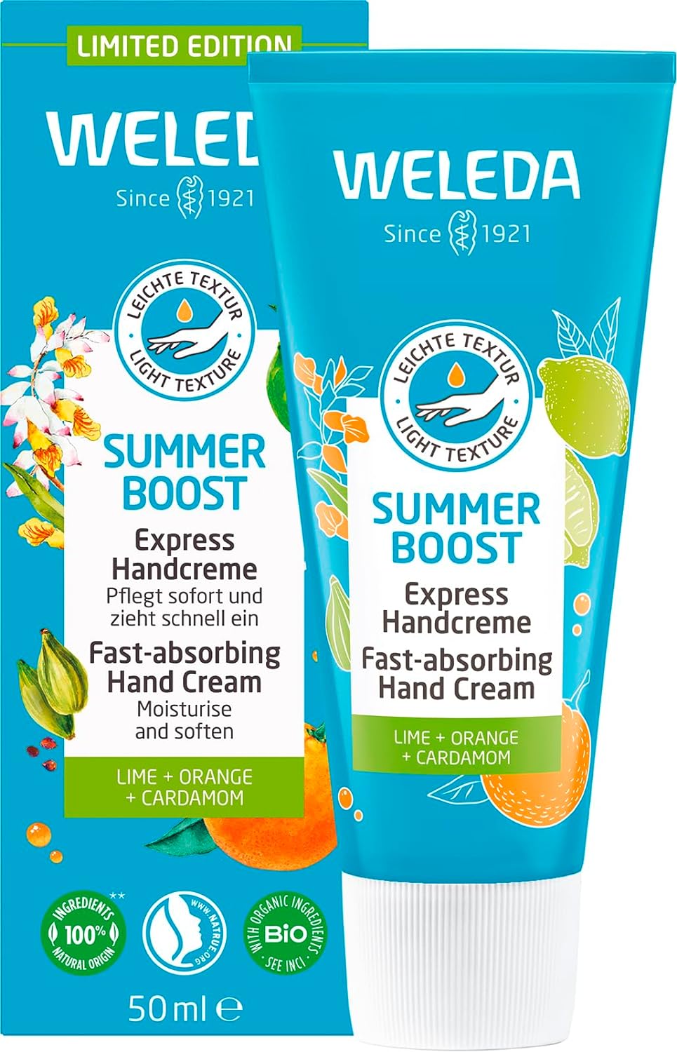 WELEDA Bio Summer Boost Express Hand Cream - Limited Edition Natural Cosmetics Hand Care Cream with Sesame Oil & Beeswax. Hand Lotion with Fragrance of Lime, Orange & Cardamom for Dry Hands (1 x 50