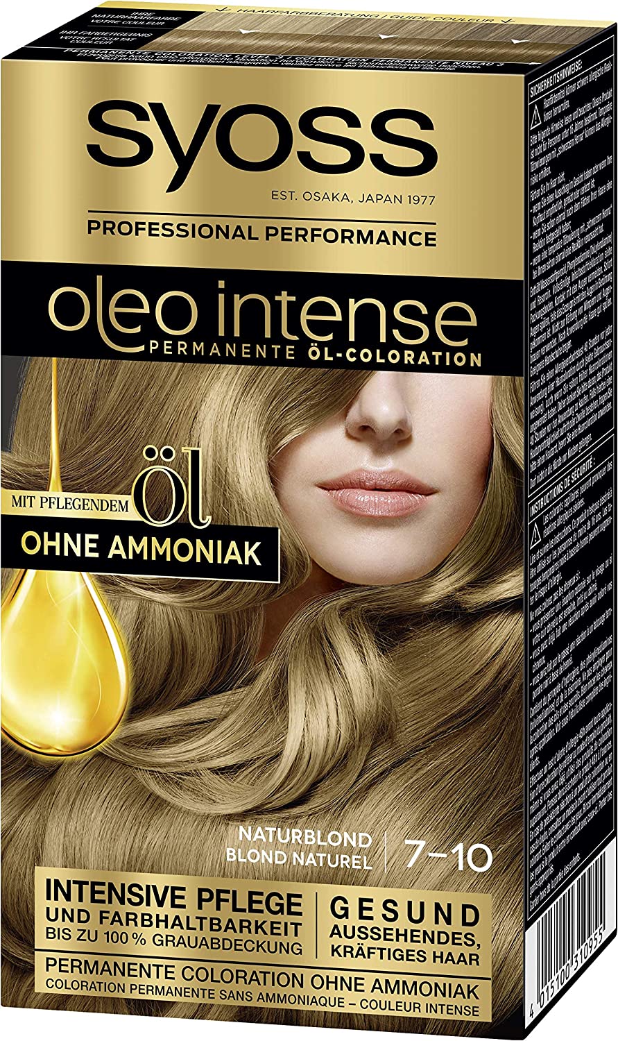 Syoss Oleo Intense Permanent Oil Colouration Hair Colour, 7-10 Natural Blonde with Nourishing Oil and Ammonia Free, Pack of 3 (3 x 115 ml), ‎natural
