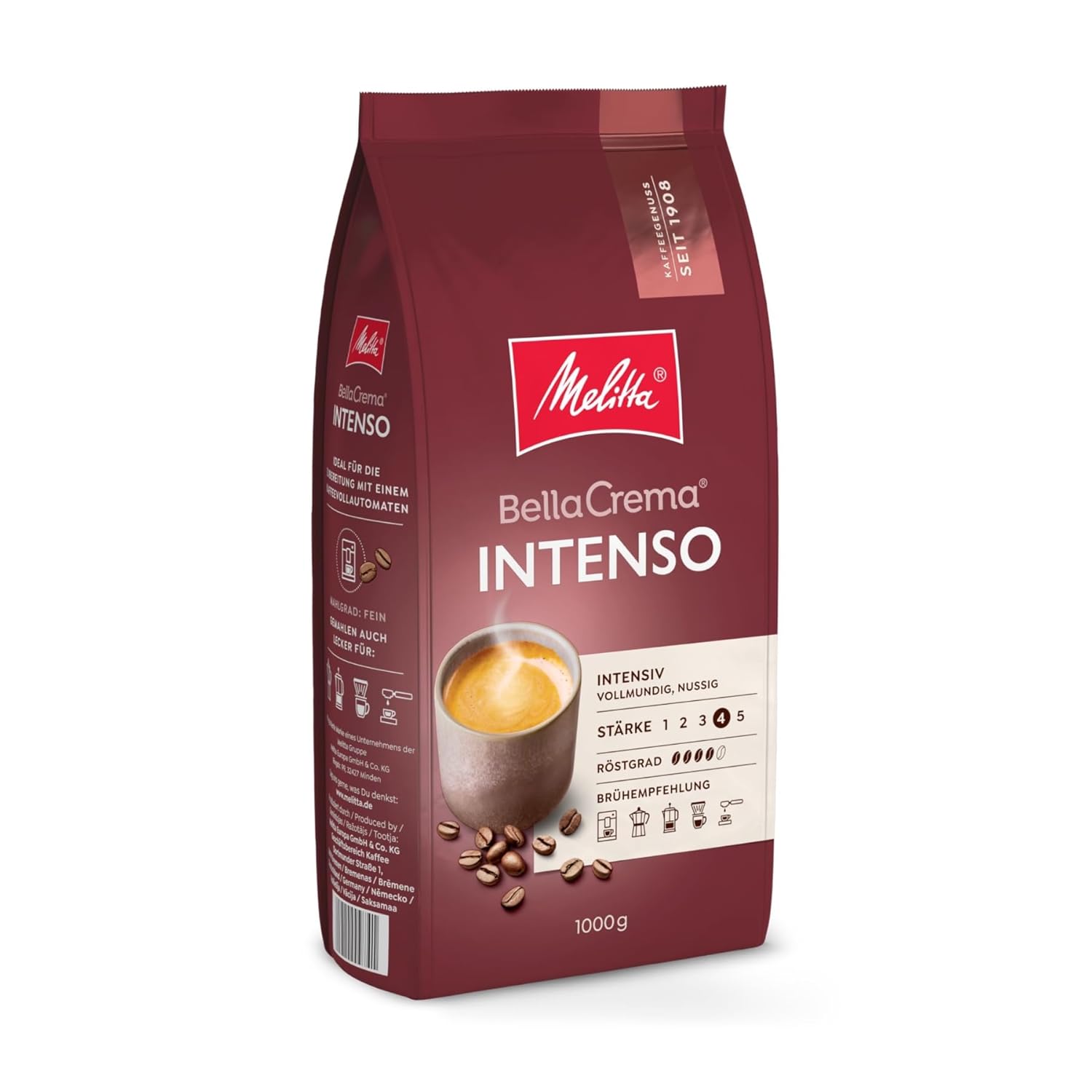 Melitta BellaCrema Intenso Whole Coffee Beans, 1 kg, Unground, Coffee Beans for Fully Automatic Coffee Machines, Strong Roast, Roasted in Germany, Strength 4