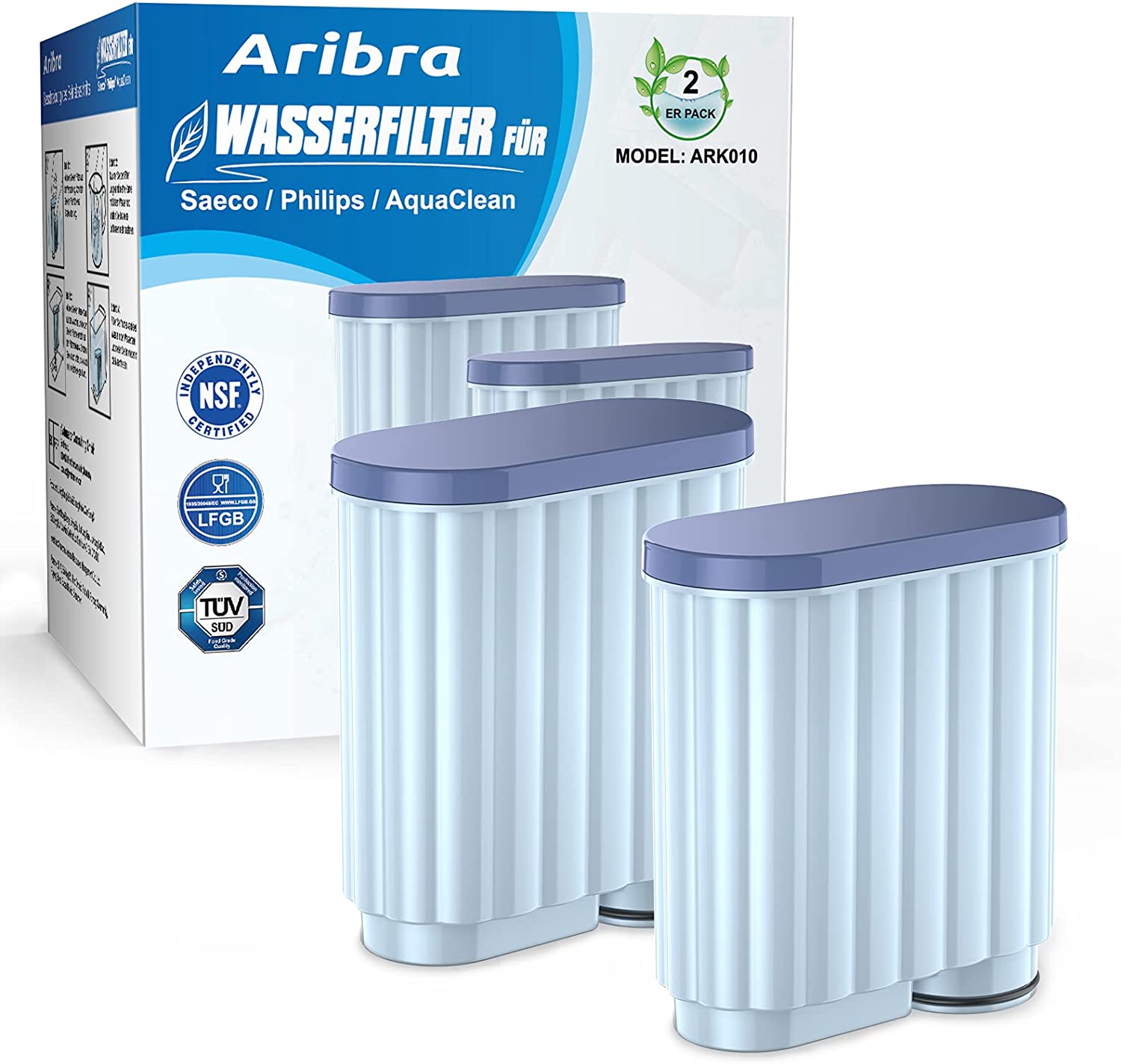 Aribra Water Filter for Philips Fully Automatic Coffee Machine, Water Filter for Philips AquaClean CA6903/10, CA6707 Limescale Filter, Filter Cartridge applies to Saeco and Philips Coffee Machine, Filter Cartridge Pack of 2