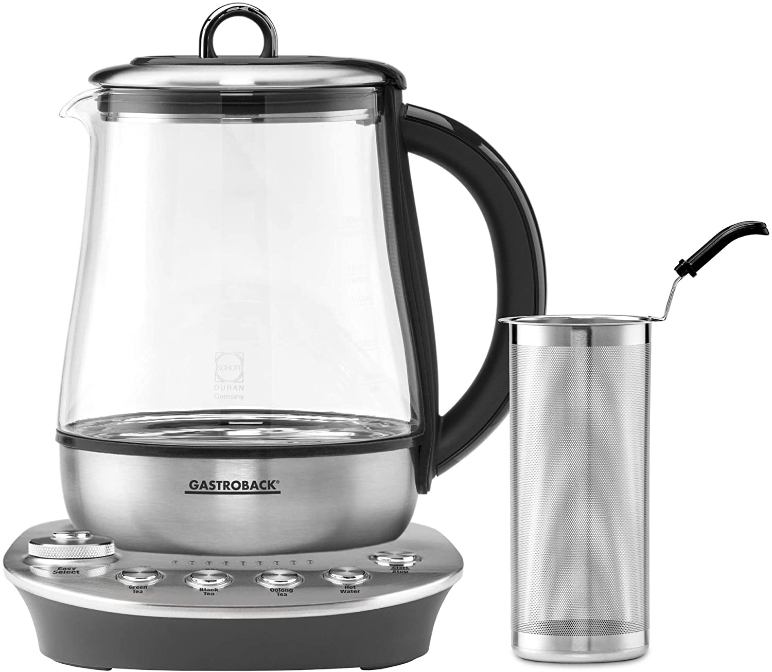 GASTROBACK 42434 Design Tea Aroma Plus Tea Kettle, Optimal Brewing Temperature and Brewing Time for Each Type of Tea, 8 Tea Programmes (60-100°C), 1.5 Litre Glass Container (Schott Duran)