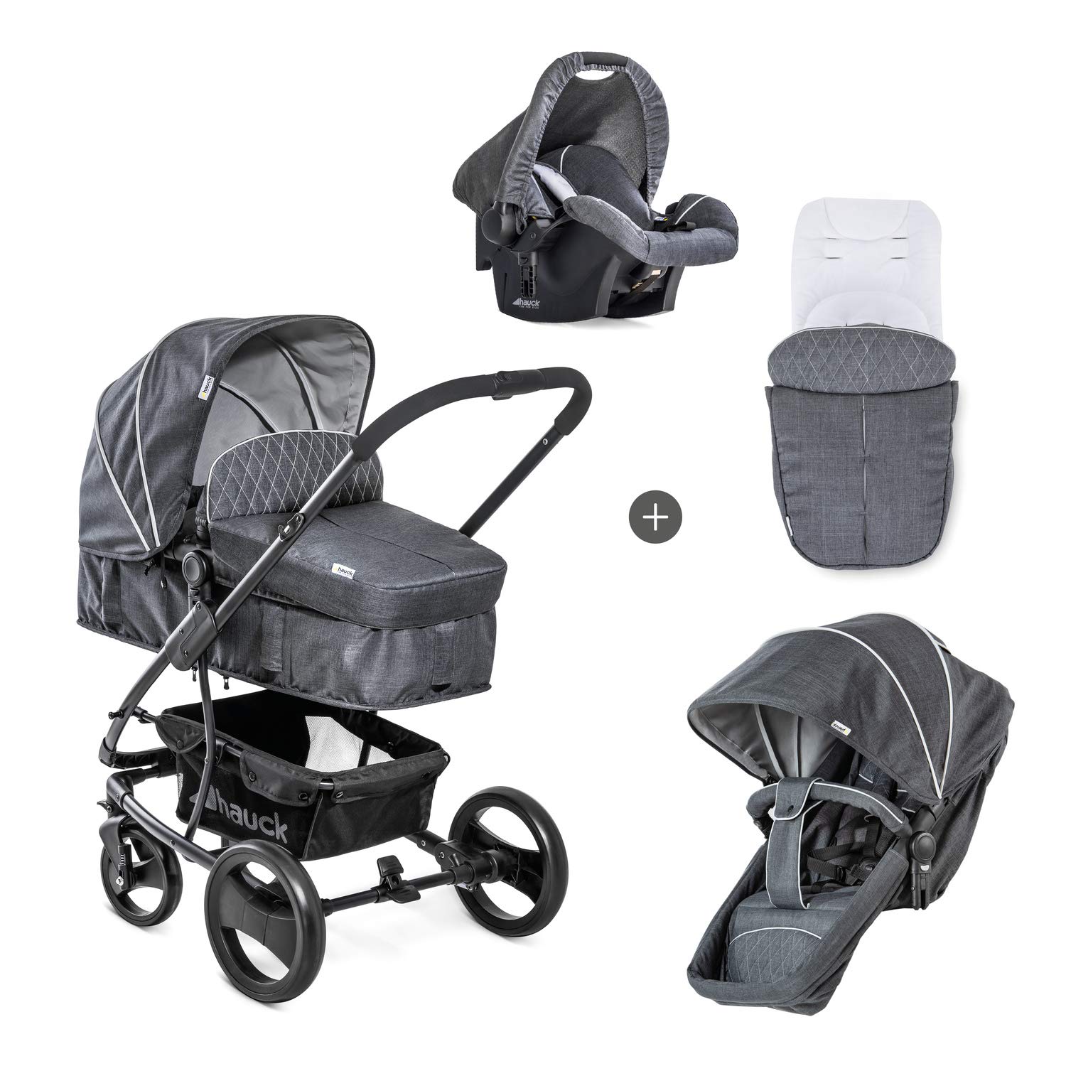 Hauck Pacific 4 Shop N Drive, 6-Piece Combination Lightweight Pushchair Set, Up to 25 kg with Baby Seat, Baby Tub Convertible, Reversible Seat Unit with Leg Cover