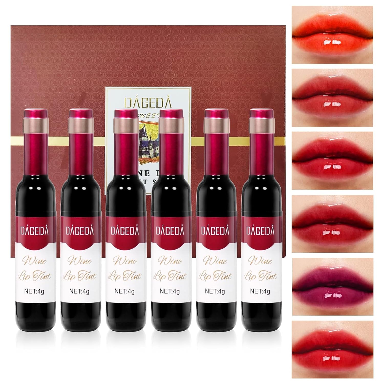 Prreal 6 Colors Wine Lip Tint Stain, Natural Lip Stain Long Lasting Waterproof, Moisturising Red Lip Stain for Lip Makeup, Non-Stick Cup Liquid Wine Lip Tint Set