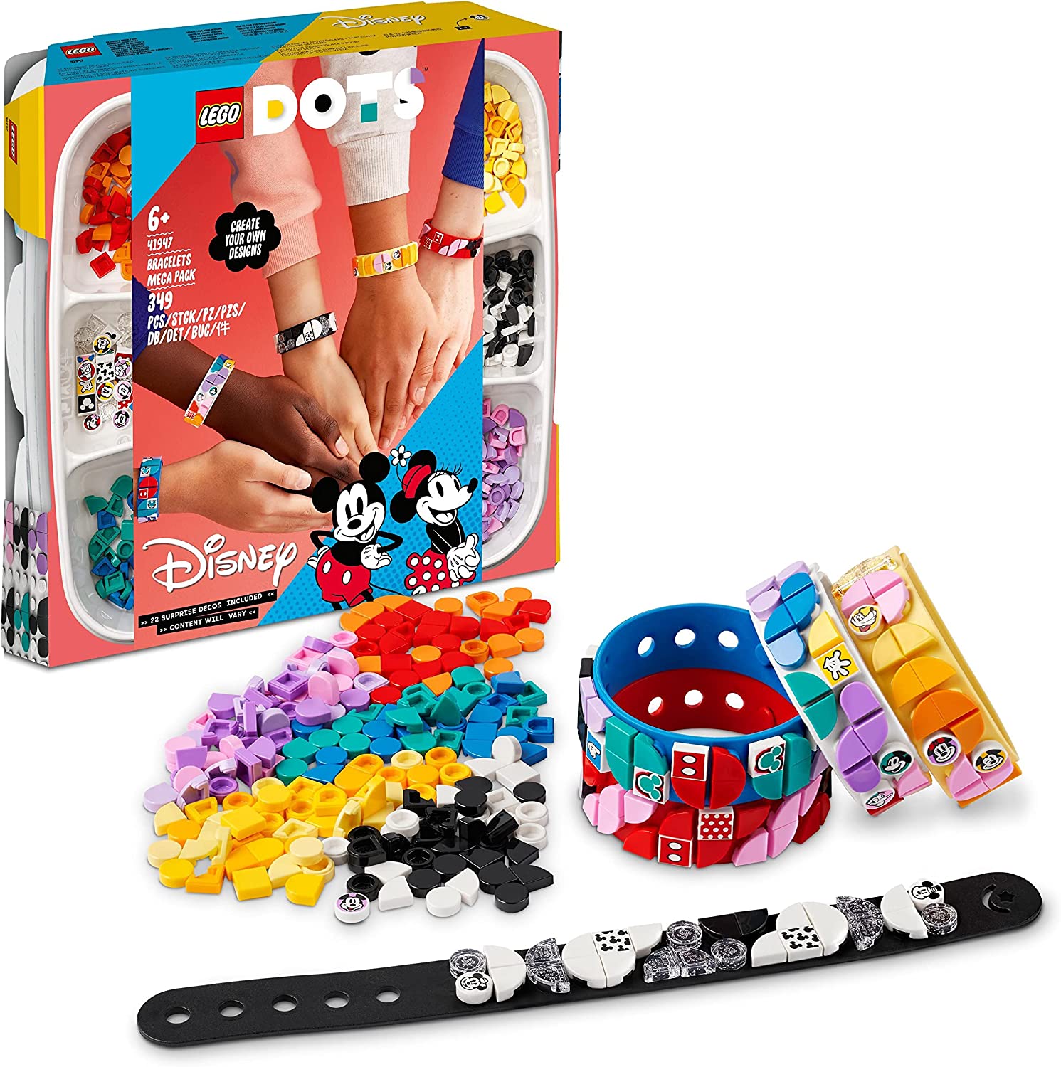 LEGO DOTS 41947 Disney Mickey Bracelet Creative Kit, 5-in-1 Craft Kit, DIY Jewellery Set for Kids, with Glitter and Minnie Mouse Stones