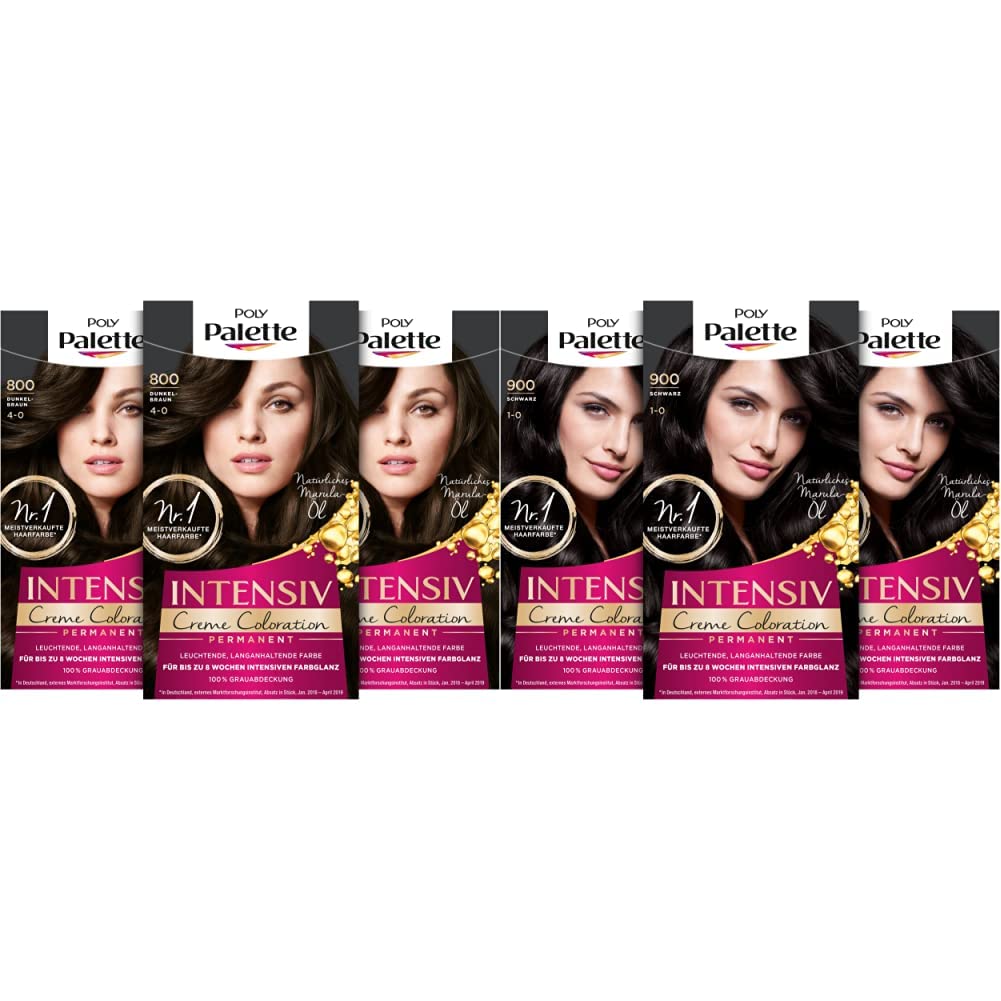 Poly Palette Schwarzkopf Intensive Cream Colouration High-Quality Hair Colour 800/4-0 Dark Brown, Pack of 3 (3 x 128 ml) and Intensive Cream Colouration 1-0/900 Black Level 3 (3 x 115 ml), ‎dark brown