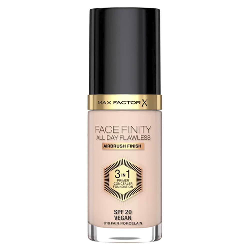 Max Factor Facefinity All Day Flawless-3 in-1 Foundation in 10 Fair Porcelain- Primer, Concealer & Foundation in One - For A Perfect Matte Finish - 30 ml, ‎10 porcelain