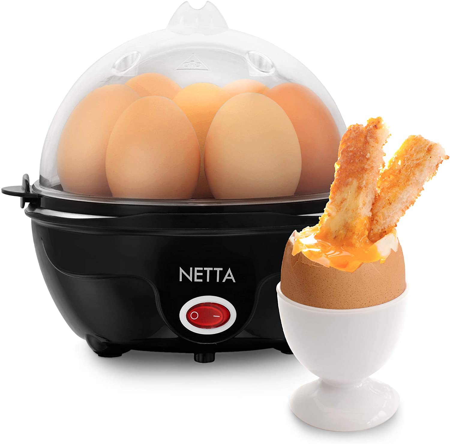 NETTA Electric Egg Boiler for 7 Eggs - For Perfectly Boiled and Poached Eggs - Water Measuring Cup Included - Egg Cutter - Easy to Use - 350W - Black and Silver