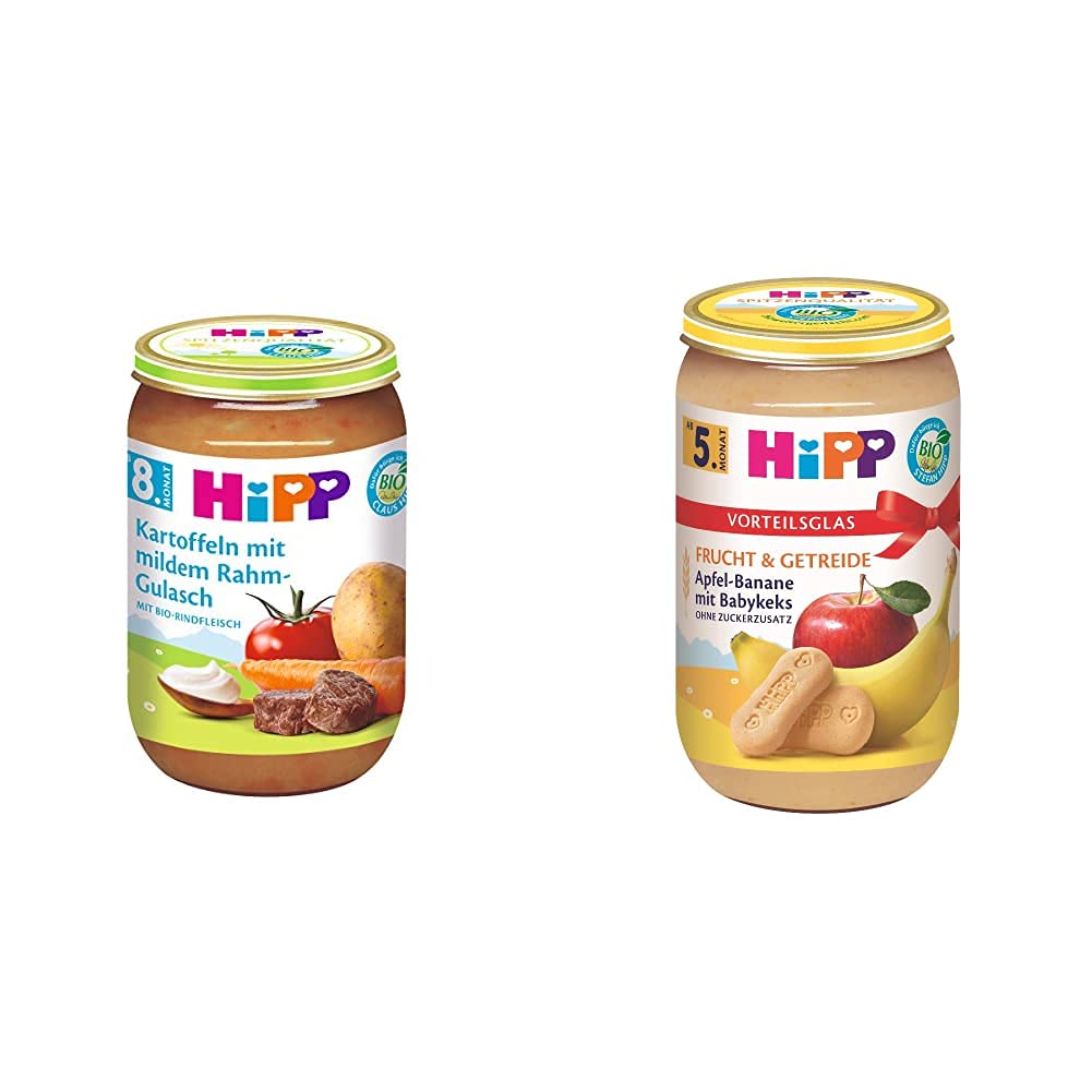 HiPP Kartoffeln mit mildem Rahm-Gulasch, 6er Pack (6 x 220 g) & Apfel-Banane mit Babykeks, 6er Pack (6 x 250 g)