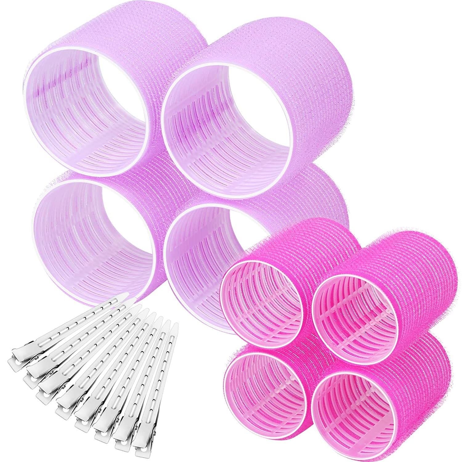shynek Hair Rollers Self Adhesive 16 Pieces Set of 8 Heat Resistant Curlers 2 Sises (4 Jumbo and 4 Large) and 8 Hair Clips for Long, Medium, Short, Thick, Fine, Thin Hair, ‎pink