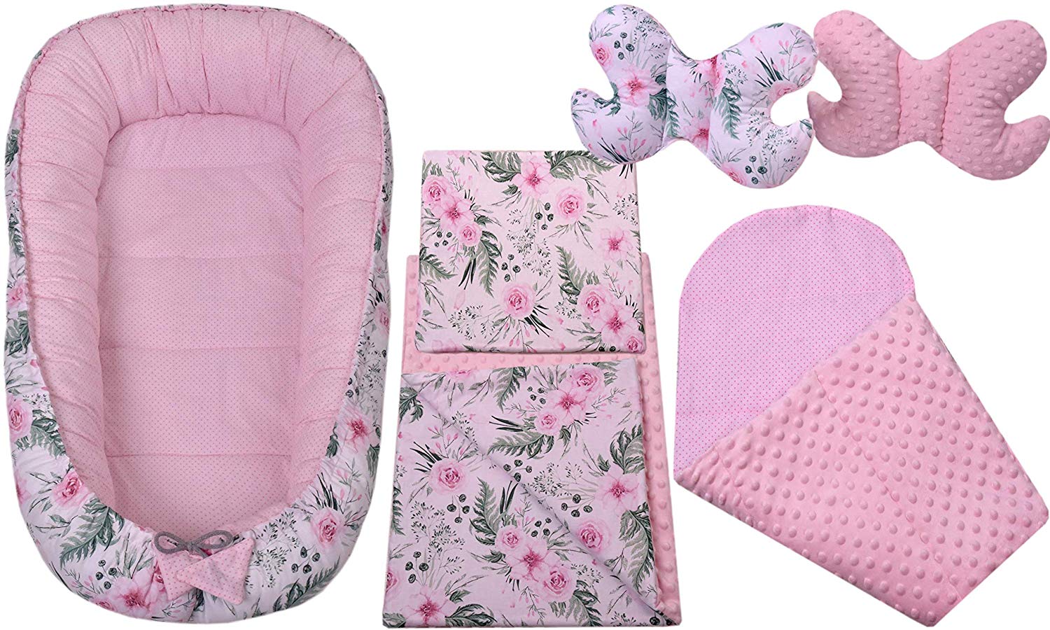 Medi Partners 5-Piece Baby Nest Set, 90 x 50 cm, Removable Insert Bed, Cuddly Nest, Crawling Blanket for Babies, Newborns, 100% Cotton (Flower with Light Pink Minky)