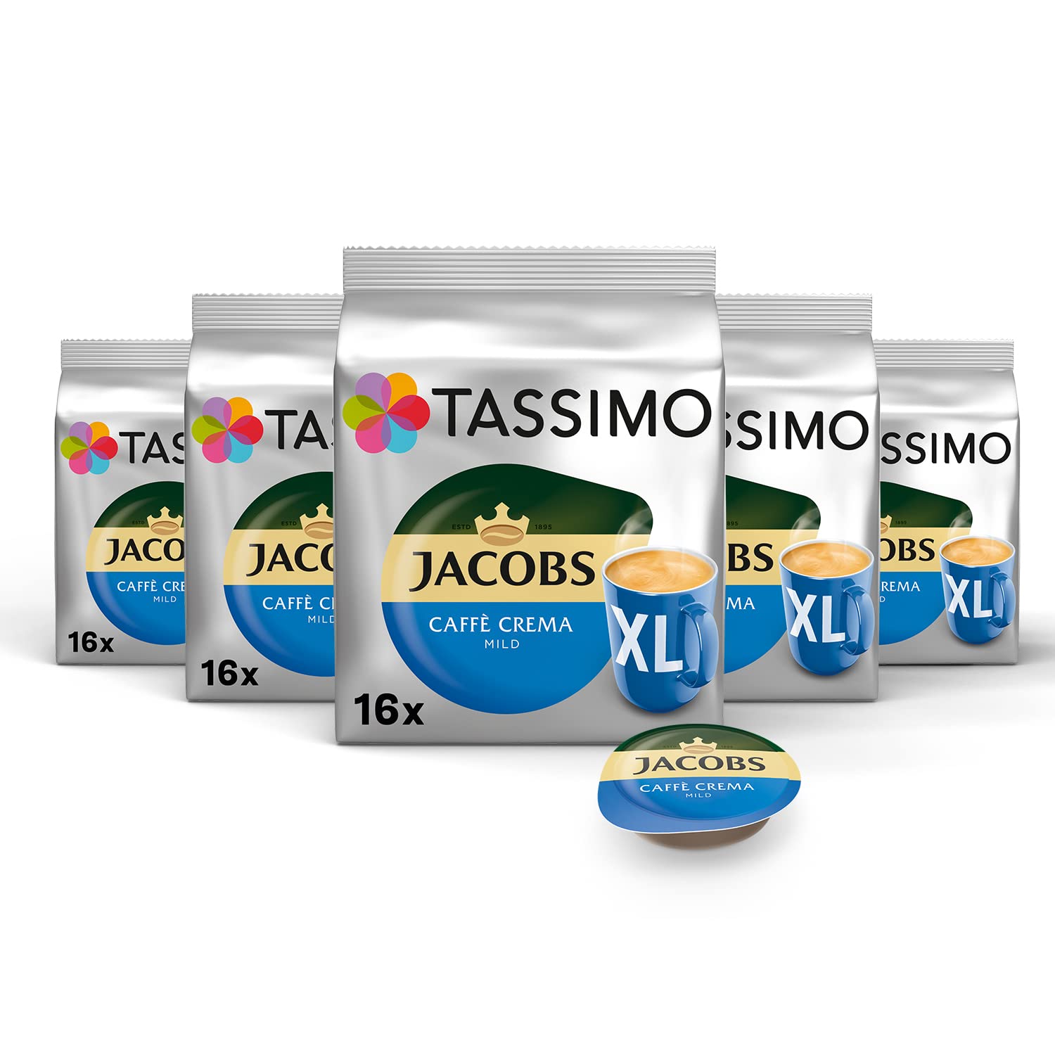 Tassimo Jacobs Caffè Crema Mild XL Capsules 80 Coffee Capsules Pack of 5 5 x 16 Drinks