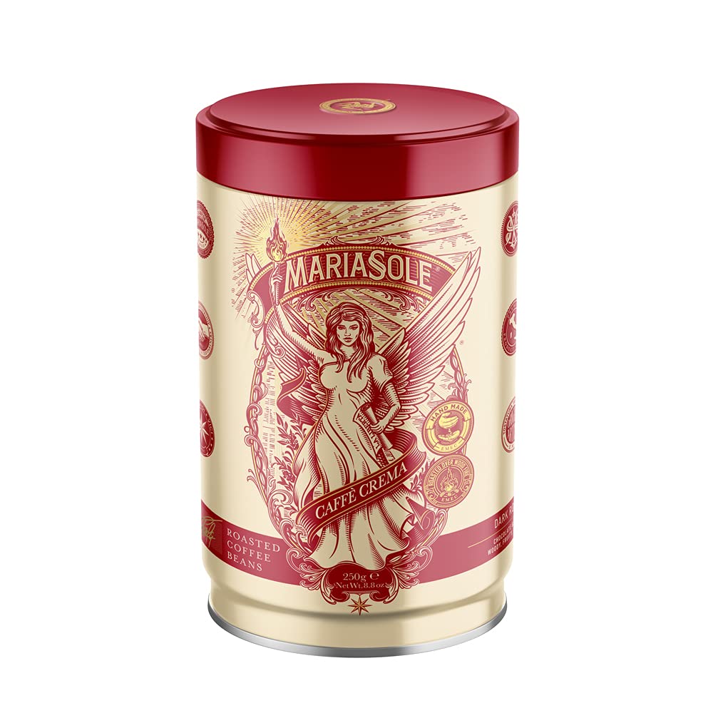 MariaSole Caffè Crema 250 g in High-Quality Coffee Tin - Traditional Roasting in Sicily Over Wood Fire Handmade - Premium Coffee Beans for Fully Automatic and Portafilter