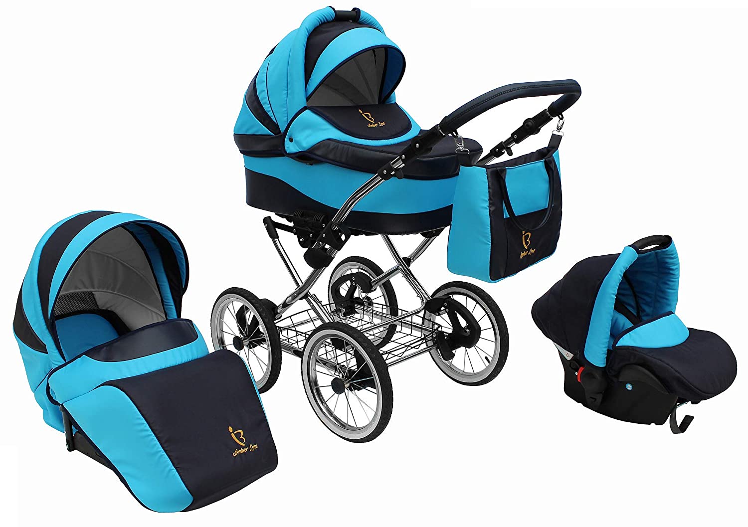 SKYLINE Classic Retro Style Combination Pram Buggy 3-in-1 Travel System Car Seat (Isofix) (Blue/14 Inch Air Tyres)