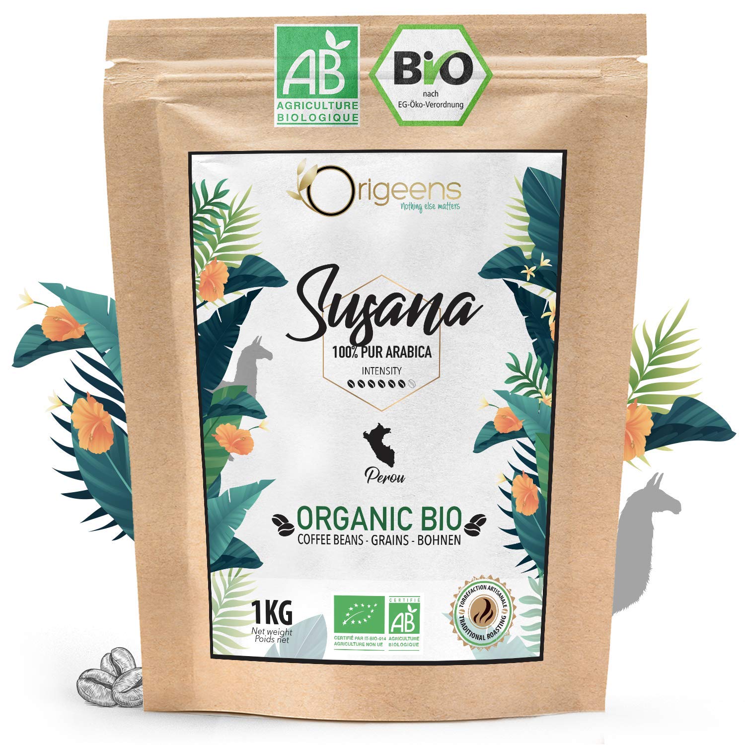 ORIGEENS Organic Coffee Beans 1kg | Organic Arabica Coffee Whole Beans | Single Origin Peru Susana | Low Acid | Traditional roasting