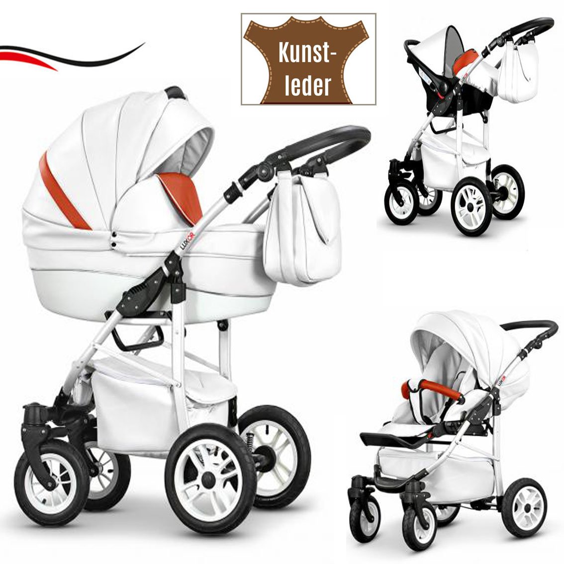 16-Piece Quality Travel System 3-in-1 \"Cosmo-Eco\" - Faux Leather: Pushchair + Buggy + Car Seat + Swivel Wheels - Mega Equipment - All Inclusive Package in 37 Great Colours