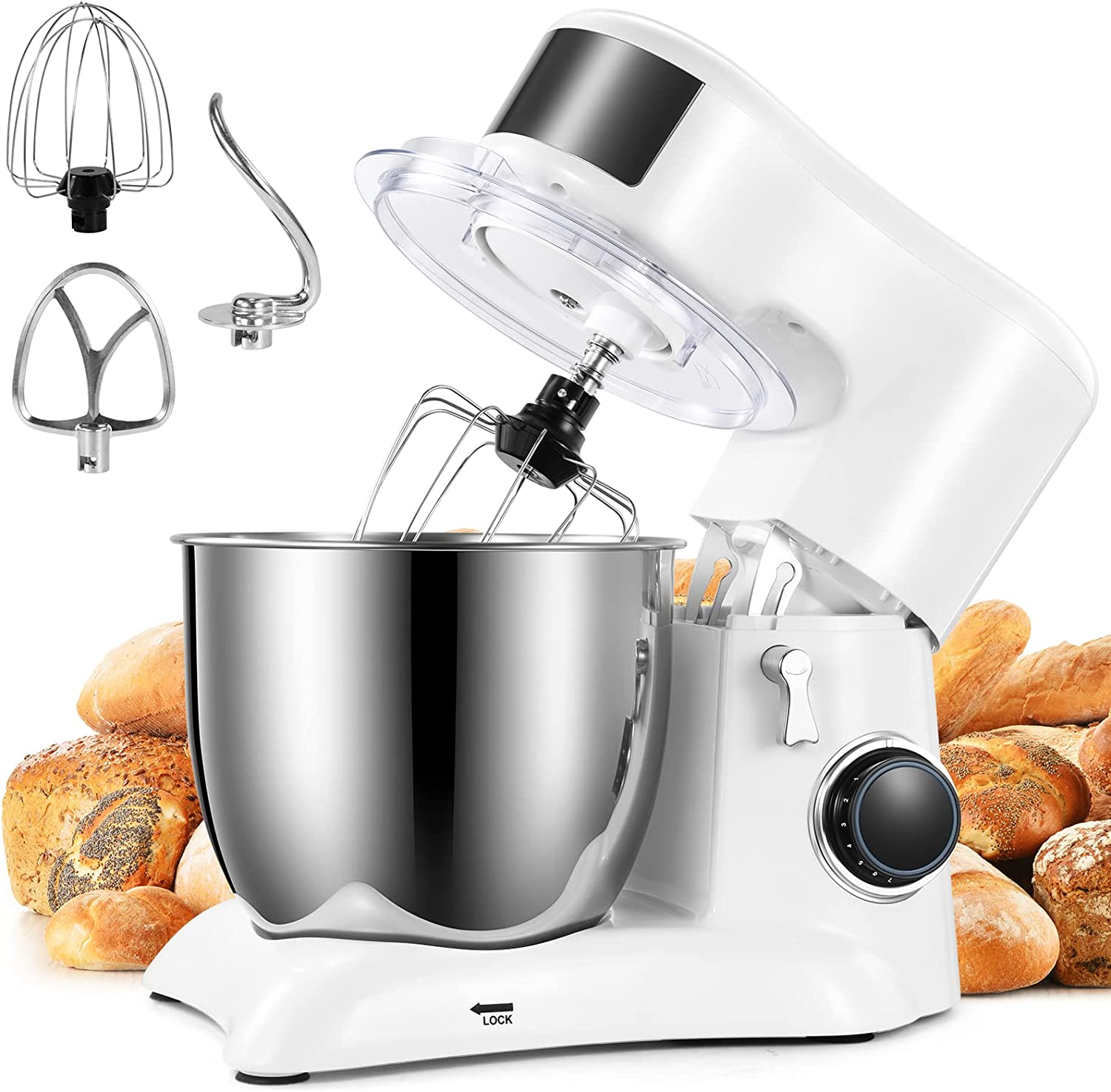 CCN FOOD Processor Kneading Machine, 1300 W Kneading Machine with Dough Hook, Dough Machine 10 Speed ​​With 5.5 Litre Bowl Made of Stainless Steel, Whisk, Whisk, Mixing Bowl, All-Metal Transmission System