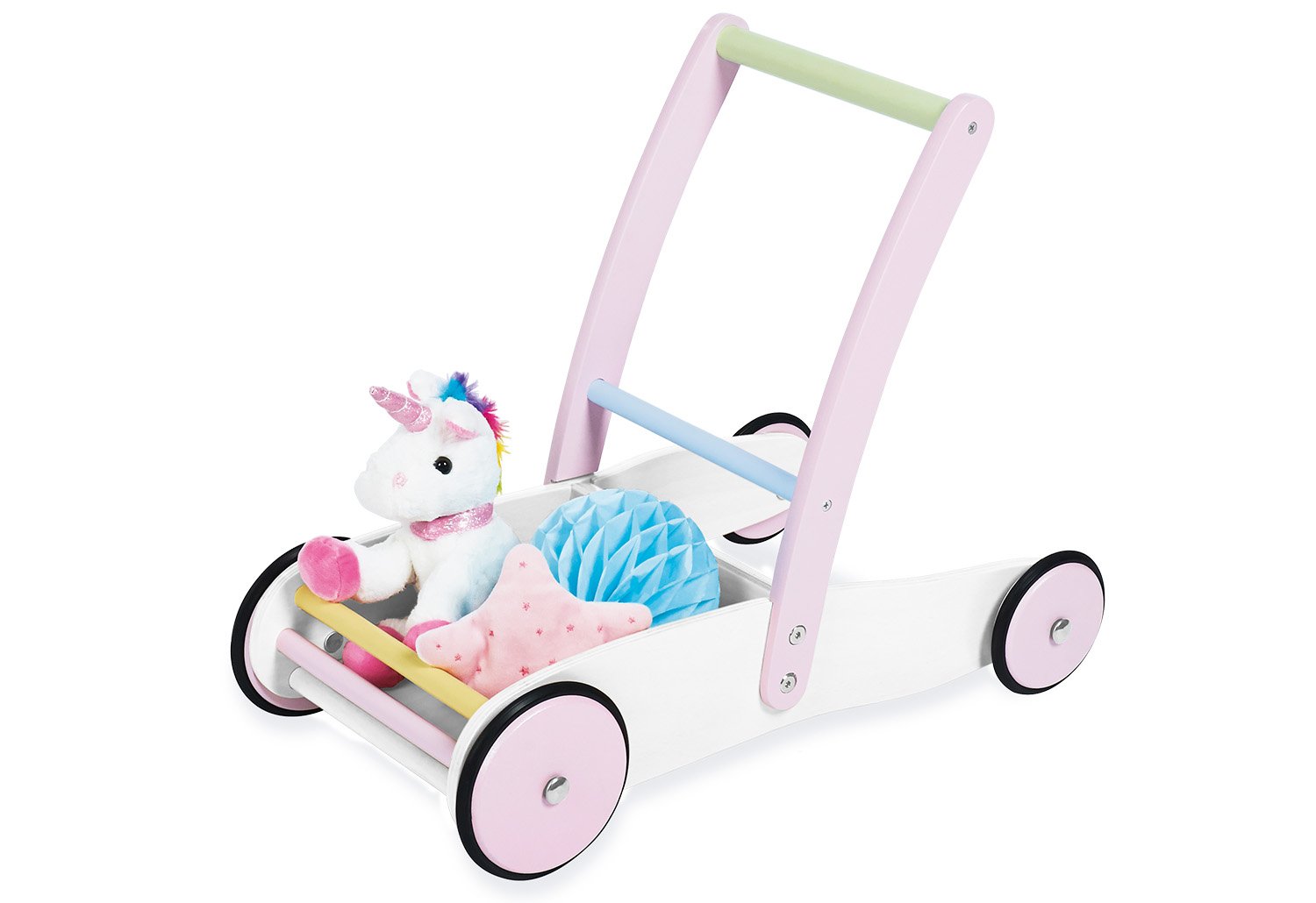 Pinolino Wooden Walker Unicorn with Brake System and Rubber Wooden Wheels with Sticker Sheet for Children 1 Year and Up