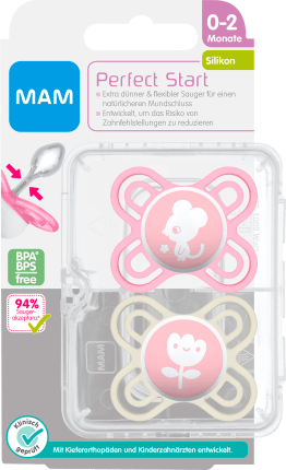 MAM Pacifier Perfect Start Silicone, pink/cream, 0-2 months, 2 pcs