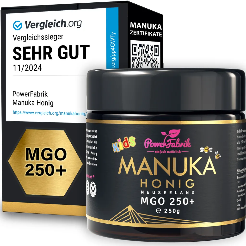 Manuka Honig Kinder | MGO 250+ | 250g | HALAL | Das ORIGINAL aus NEUSEELAND | Manuka Kids | PUR, ROH &  |  100% natürlich | PowerFabrik