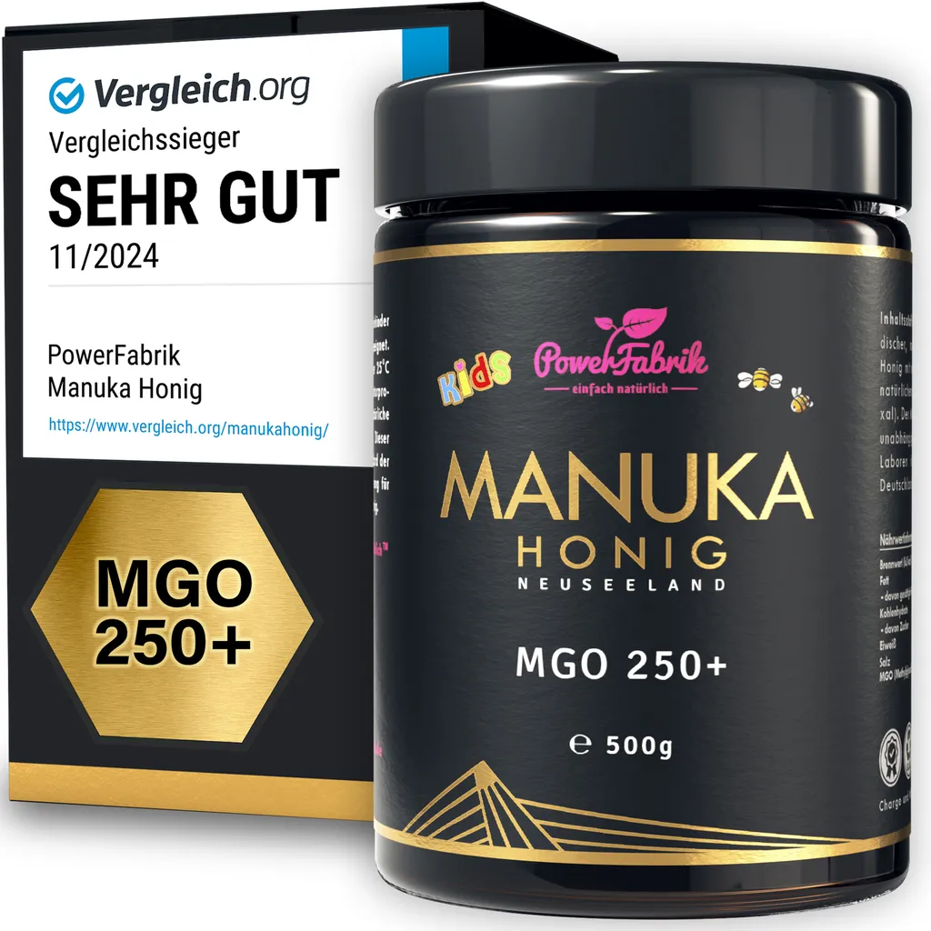 Manuka Honig Kinder | MGO 250+ | 500g | HALAL | Das ORIGINAL aus NEUSEELAND | Manuka Kids | PUR, ROH & | 100% natürlich | PowerFabrik