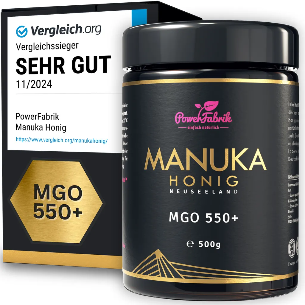 Manuka Honig | MGO 550+ | 500g | HALAL | Das ORIGINAL aus NEUSEELAND | Im Glas | 100% natürlich | PowerFabrik