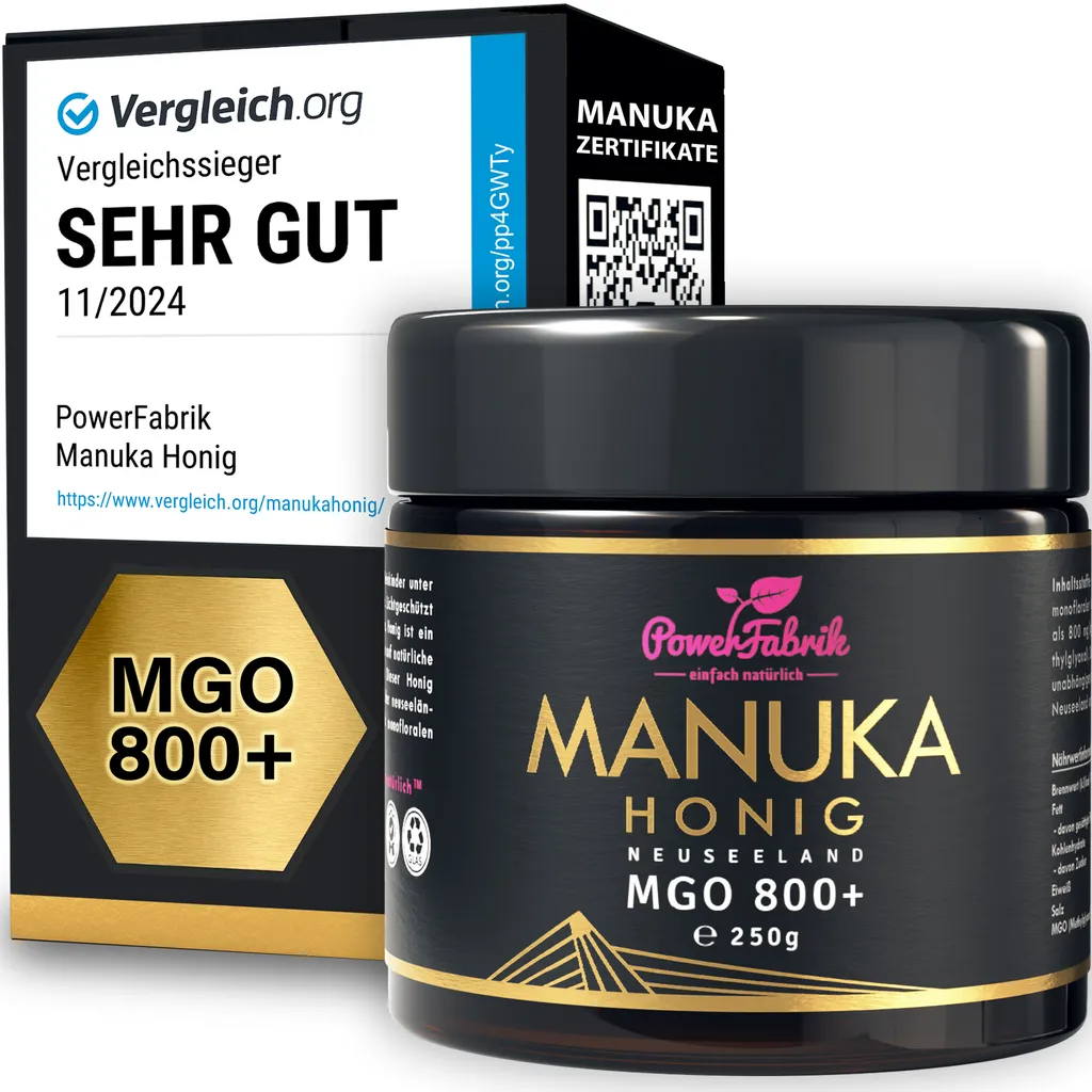 Manuka Honig | MGO 800+ | 250g | HALAL | Das ORIGINAL aus NEUSEELAND | PUR & ROH | 100% natürlich | PowerFabrik
