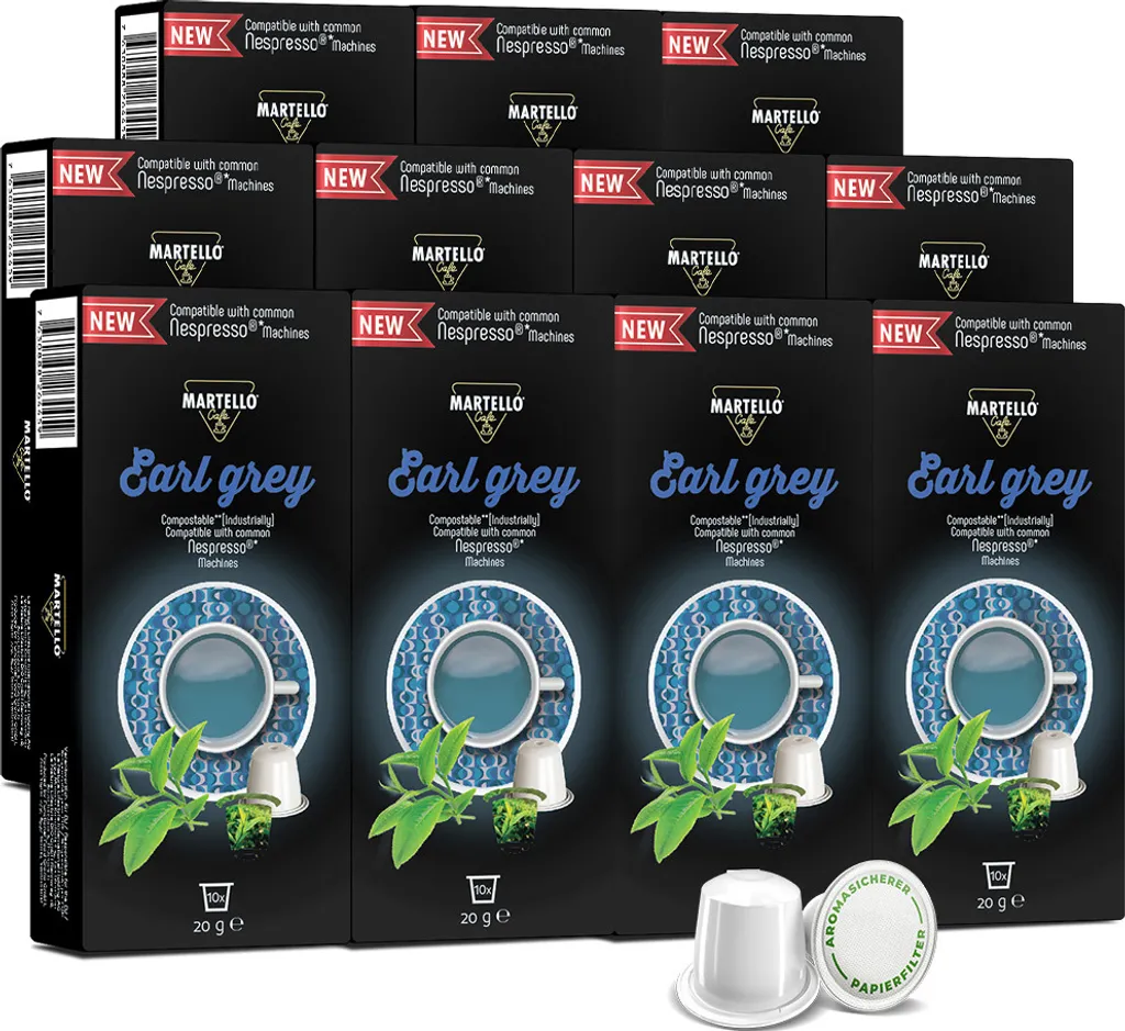 Martello EARL GREY Tea Capsules - ONLY COMPATIBLE WITH NESPRESSO®* MACHINES - Fresh, aromatic leaves - 110 Capsules (11 x 10)