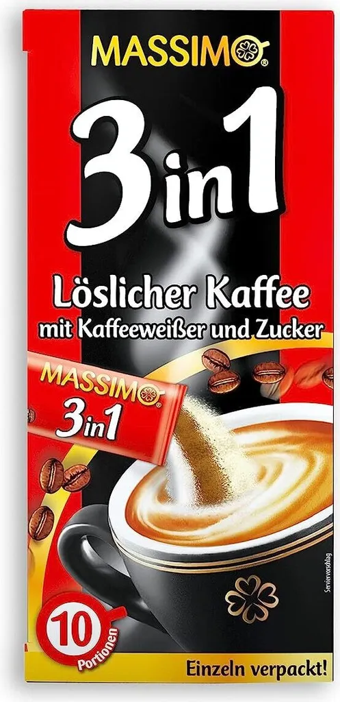 MASSIMO 3in1 Instant Kaffee mit Kaffeeweißer Zucker 10 Sticks x 18g Kaffeestick